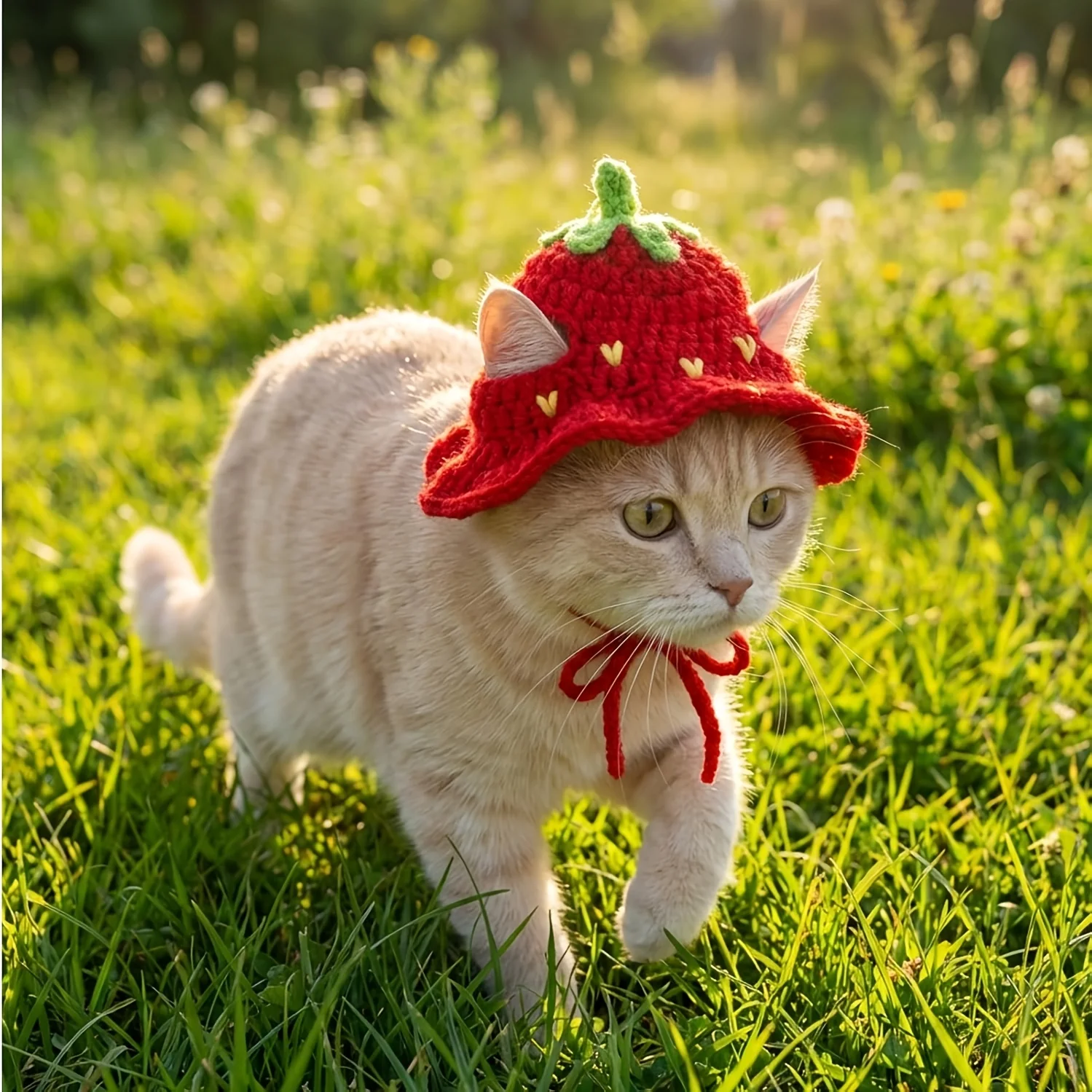 Katzenmützen nur für Katzen: Süße gestrickte Katzenmütze, Erdbeer-Mütze mit verstellbarem Kordelzug, handgemachte Häkel-Katzenkleidung, weiche, niedliche Strickmütze – Detail 6