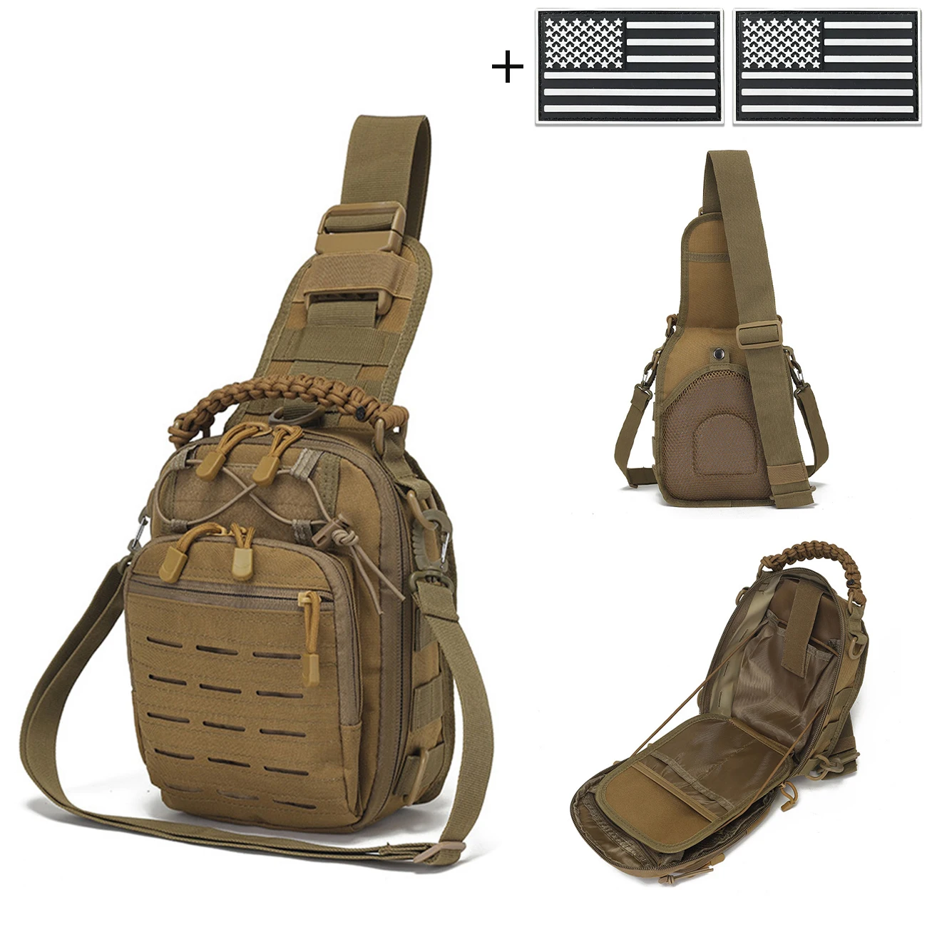 Sac de chasse extérieur Laser MOLLE EDC, pouvant être porté à l'épaule ou en bandoulière, avec une poignée tressée et une bandoulière.