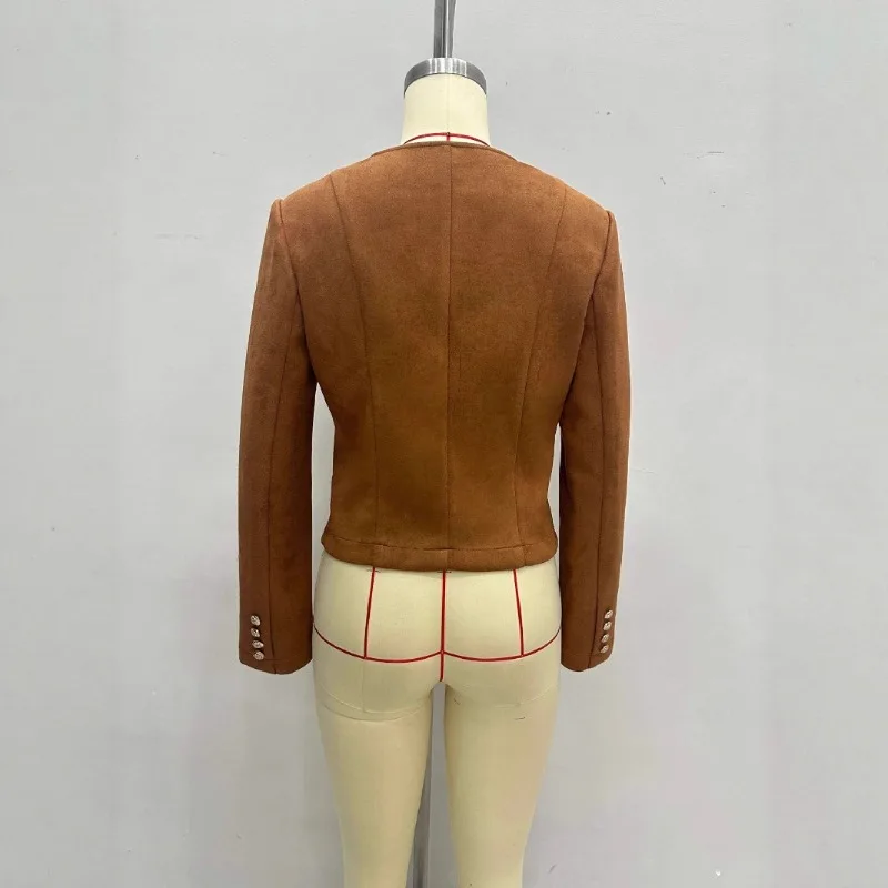 سترة من جلد الغزال البني واحدة الصدر س الرقبة سترة نسائية أنيقة ضئيلة Offce سيدة يتوهم 2025 الخريف في معاطف قصيرة جديدة فاخرة