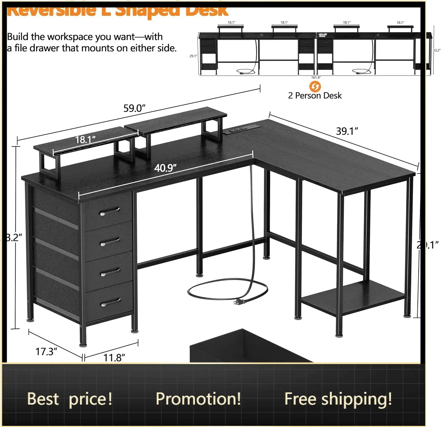 59 inch L Shaped Computer Desk with Power Outlets, Black | Ideal for Home Office, Bedroom, Corner, 4 Adjustable Storage