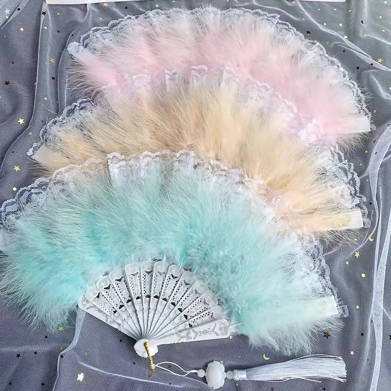 Feather Lace Folding Fan Fluffy Wedding bride Handheld Feather Fans Hellow Fanbone Lolita Fairy Girl Dance Performance Props