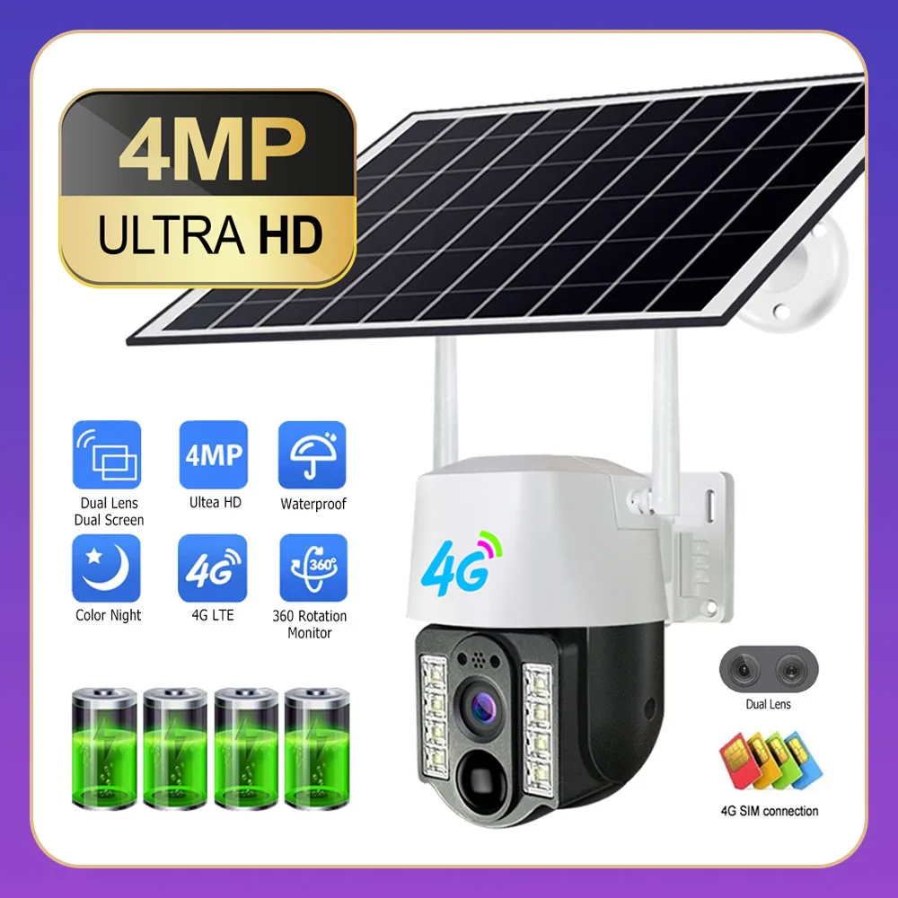 Cámara Solar inteligente para exteriores, videocámara inalámbrica con tarjeta SIM 4G, 1080P, 4K, CCTV, 4MP, IP, lente Dual, impermeable, protección