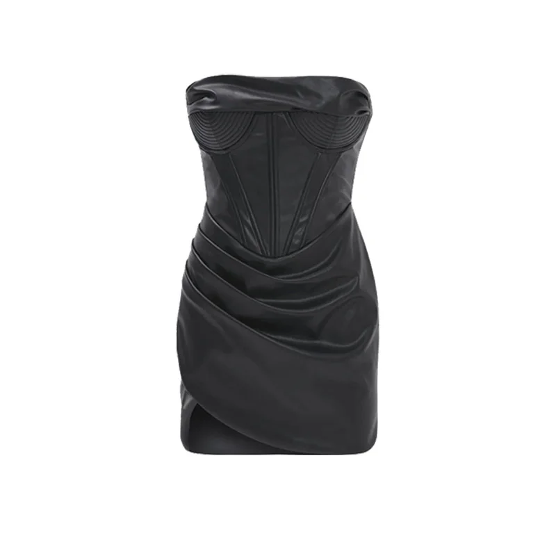 Nieuwe pure zwarte PU-materiaal jurk met handschoenen, metalen rits, strapless, getailleerde taille, geplooide, onregelmatige zoom, mini-jurk