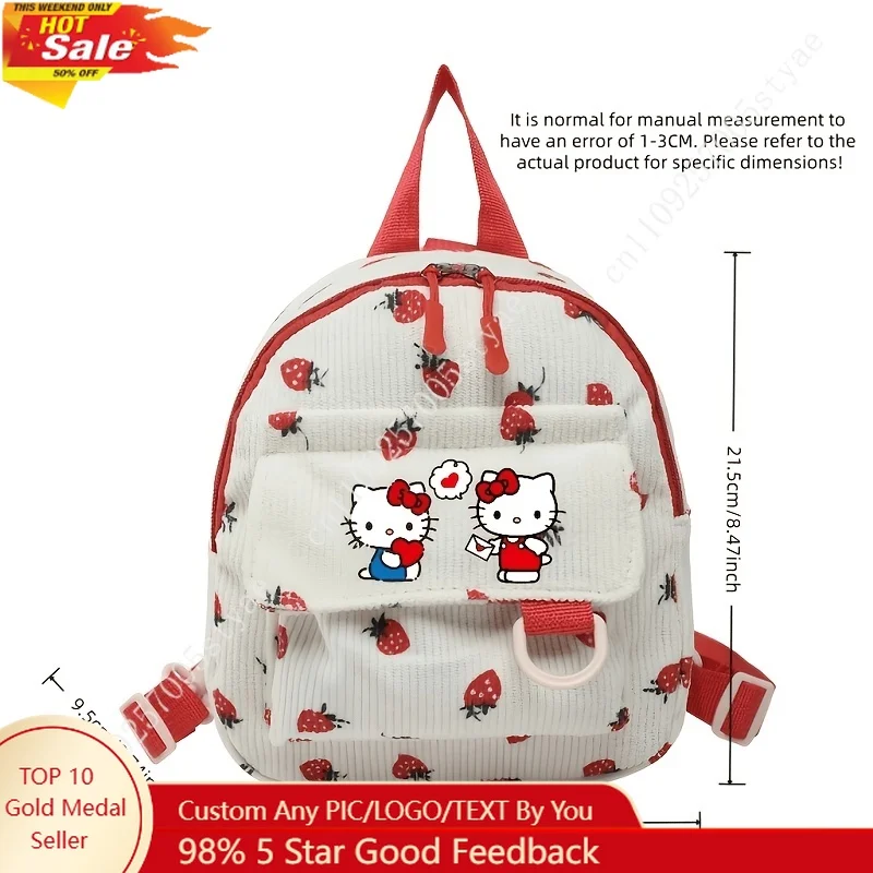 Hello Kitty Strawberry Women' Corduroy Backpack with Hello Kitty Face  Iconic Print Soft Adjustable Strap Bookbag for Casual