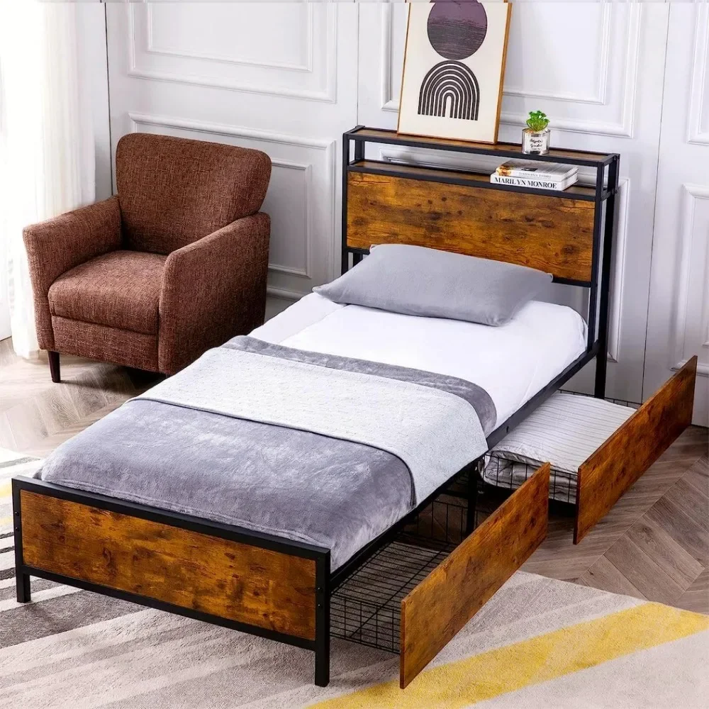 

Twin Size Bed Frame with 2 XL Storage Drawers, Strong Metal Slat Support, Easy Assembly, Space Saving, Bed Frame