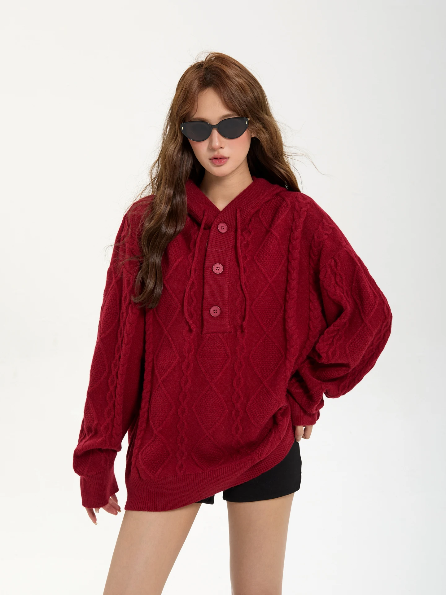 

Свободный вязаный кардиган-пальто с открытым передом, красный, в стиле Street Fashion, осенне-зимний, женский, с длинными рукавами, теплая верхняя одежда