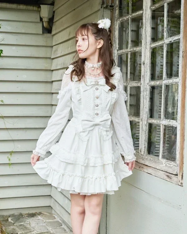 Estilo japonês liz produzido em massa vestido senhora renda manga longa arco lolita vestido outono menina feminino fita bolo camada vestido curto