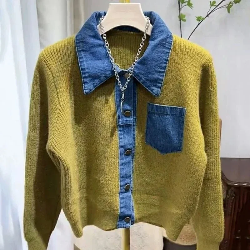 2023New Design Sense Polo Neck Denim Stitching Sweater Blouse Women Early Autumn Winter Loose Fashion Long Sleeve Female Sweater