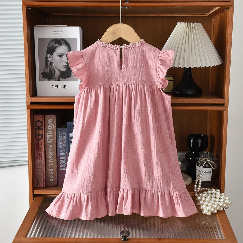 Bear Leader Pink Flower Embroidered Girls' Dress Summer New Retro Pocket Sleeveless Little Girls' Dresses 2026 Kids Clothing