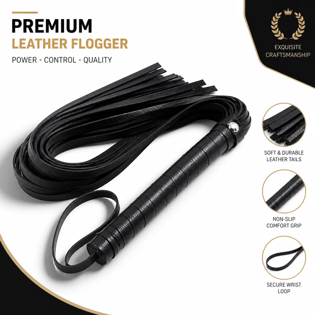 Premium PU Leather Riding Crop Whip with Handcuffs Party Flogger Costume Accessory