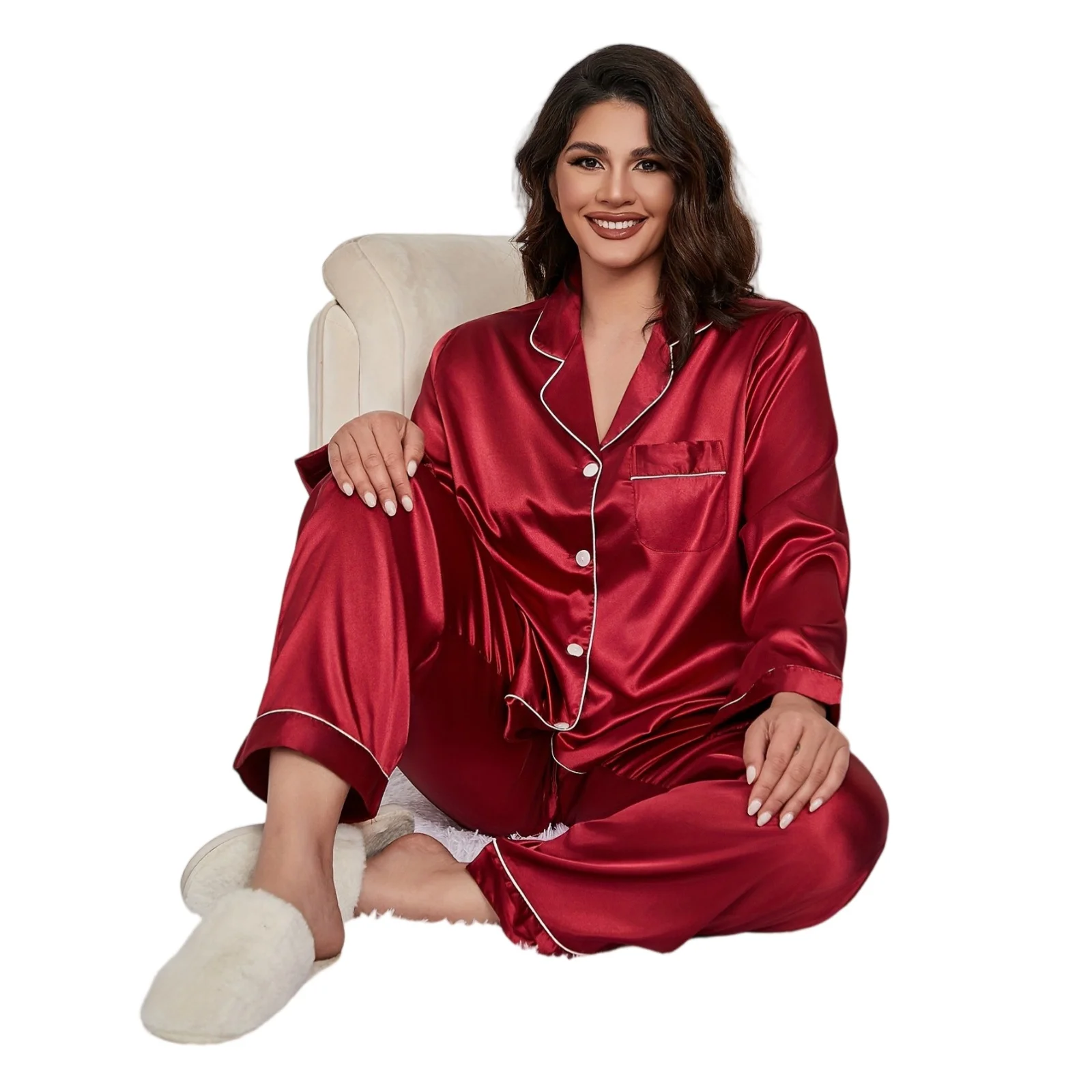 

Autumn Pure Color Ice Silk Long Sleeve Sleepwear Comfortable Home Casual Sleepwear Soft Material Long Style Loungewear Sleepwear