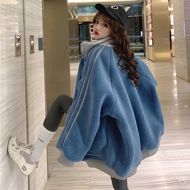 Plush And Thickened Lamb Coat Women's Trendy 2024 New Loose Stand Collar Korean Overcoat Women Long Sleeve Jacket Female