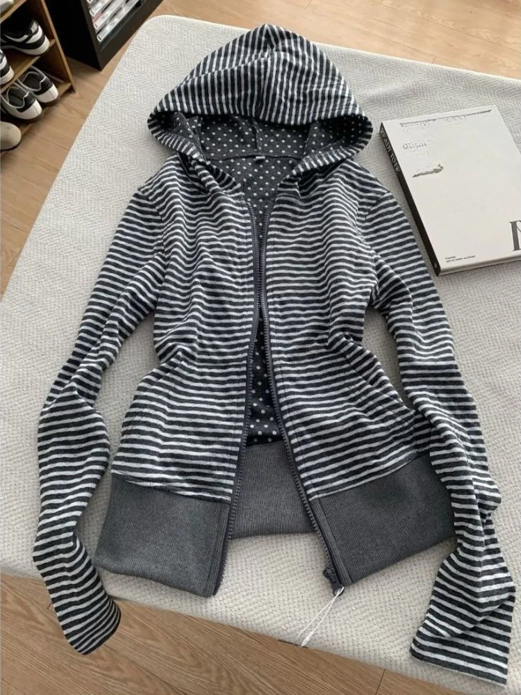 

Худи в стиле Y2K: корейская мода, полосатые, приталенные, премиум-класса, с капюшоном, винтажные, повседневные, осенние кардиганы, в стиле Харадзюку, субкультурные толстовки