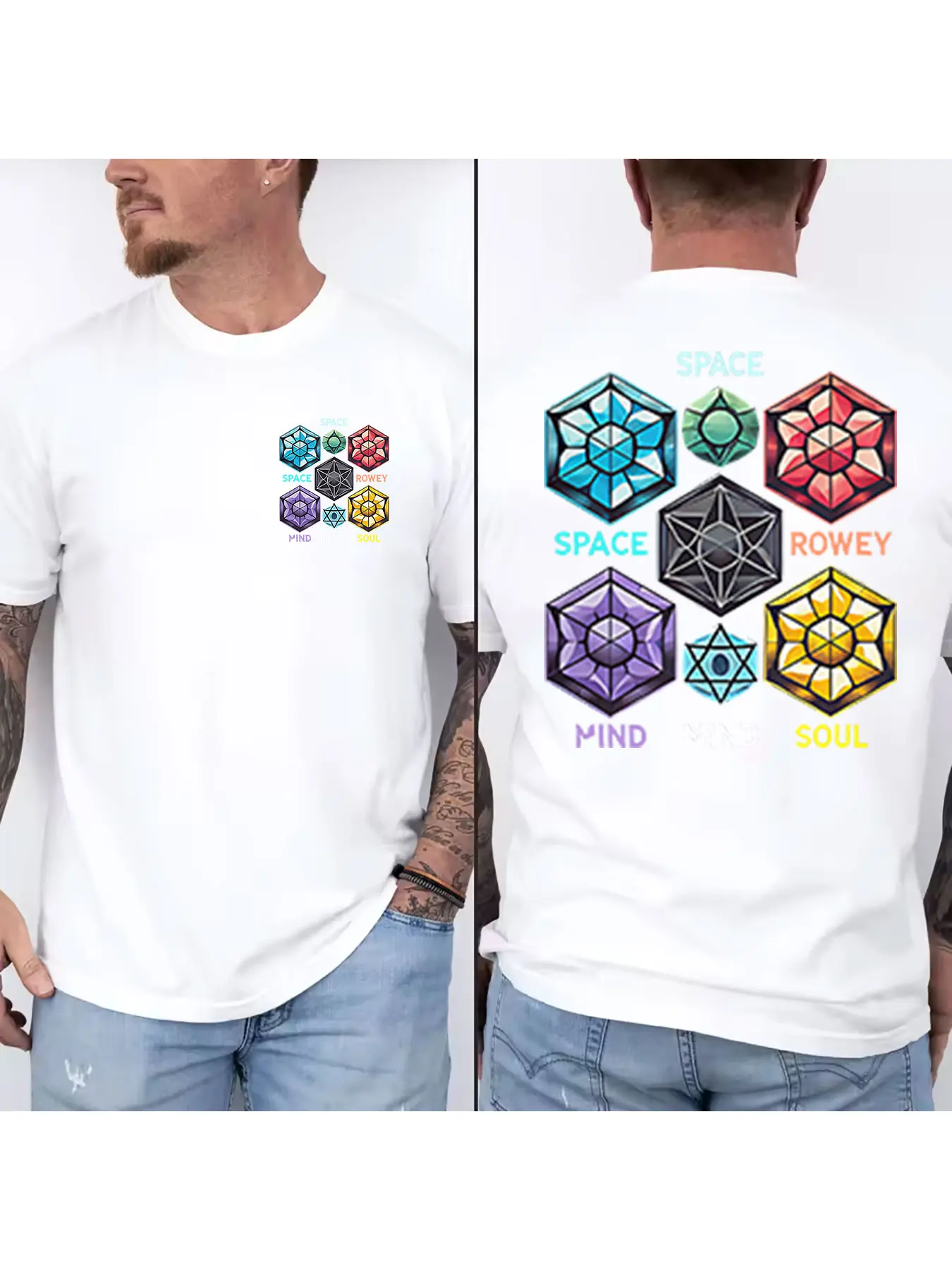 Men's Cotton T-Shirt with Geometric Stained Glass Style Hexagon Prints, Space Mind Soul Themed Casual Short Sleeve Tee, Breathab