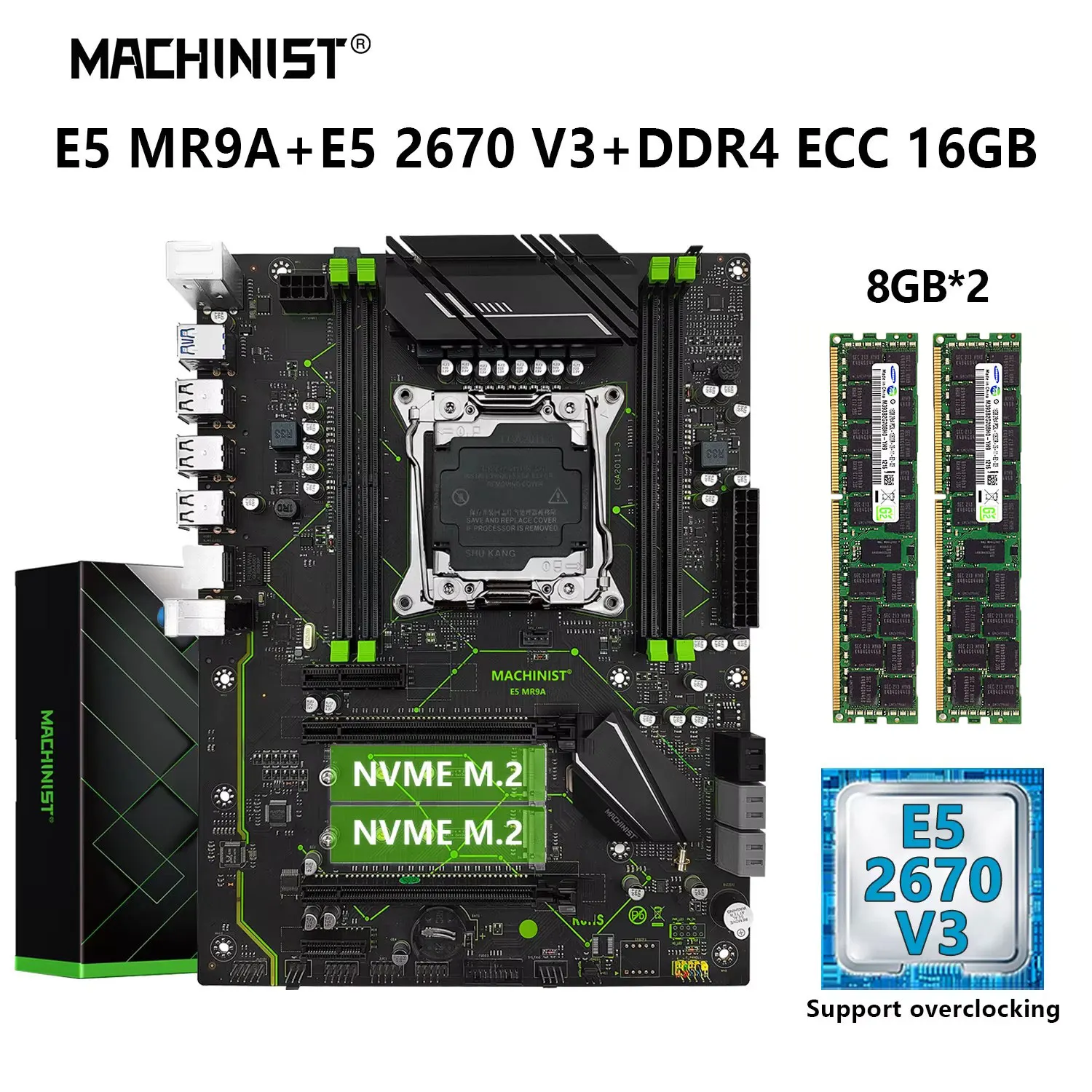 MACHINIST X99 Motherboard Kit Xeon E5 2670 V3 Processor CPU Set LGA 2011-3 16GB DDR4 ECC RAM Memory Combo 2×NVME M.2 USB3.0 MR9A
