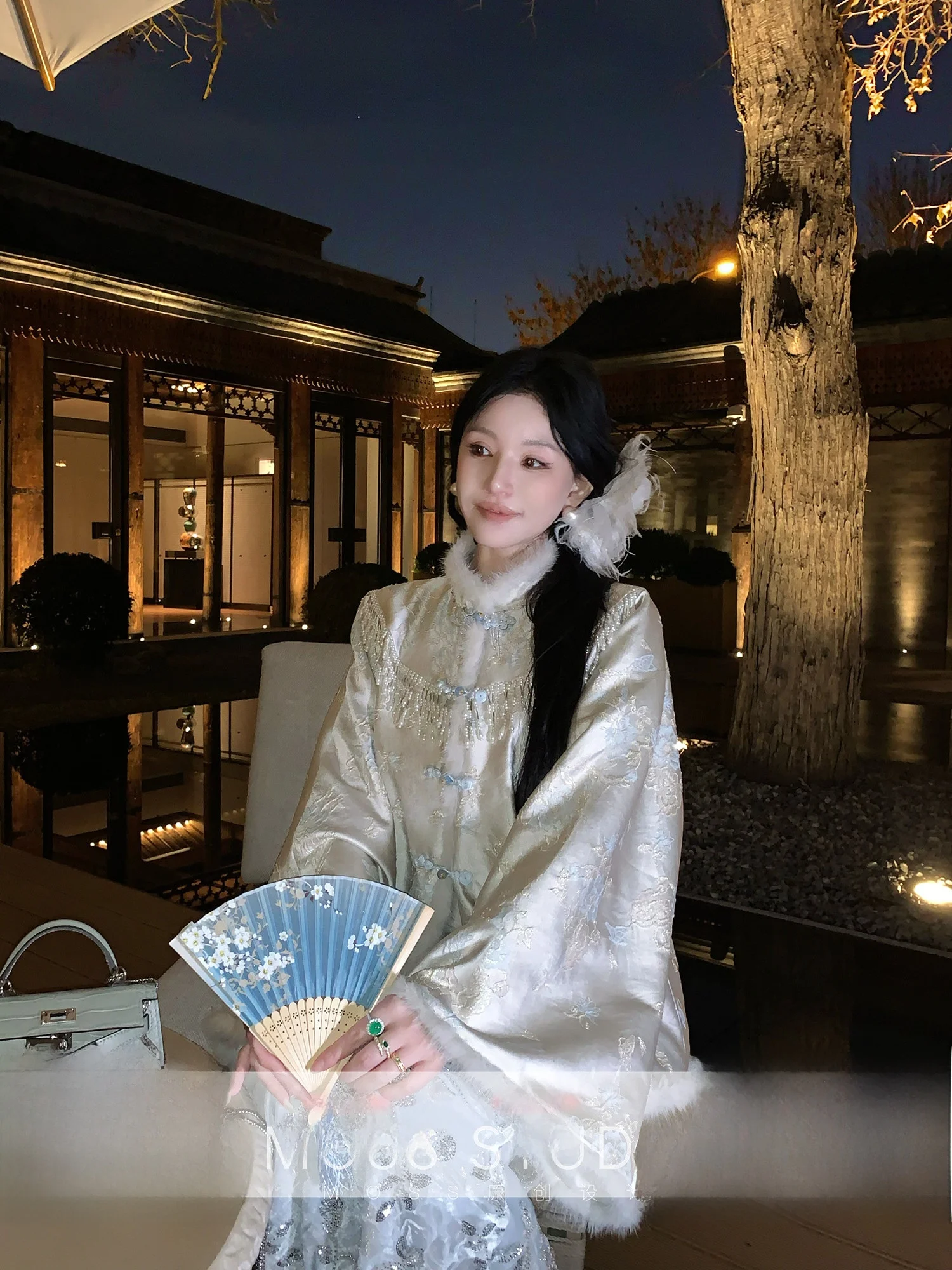 

Moss Studio New Chinese Sle Embroidered Patchwork Mink Fur Pearl Tassel Cotton Jaet Women's Loose Fit Long Sve Coat