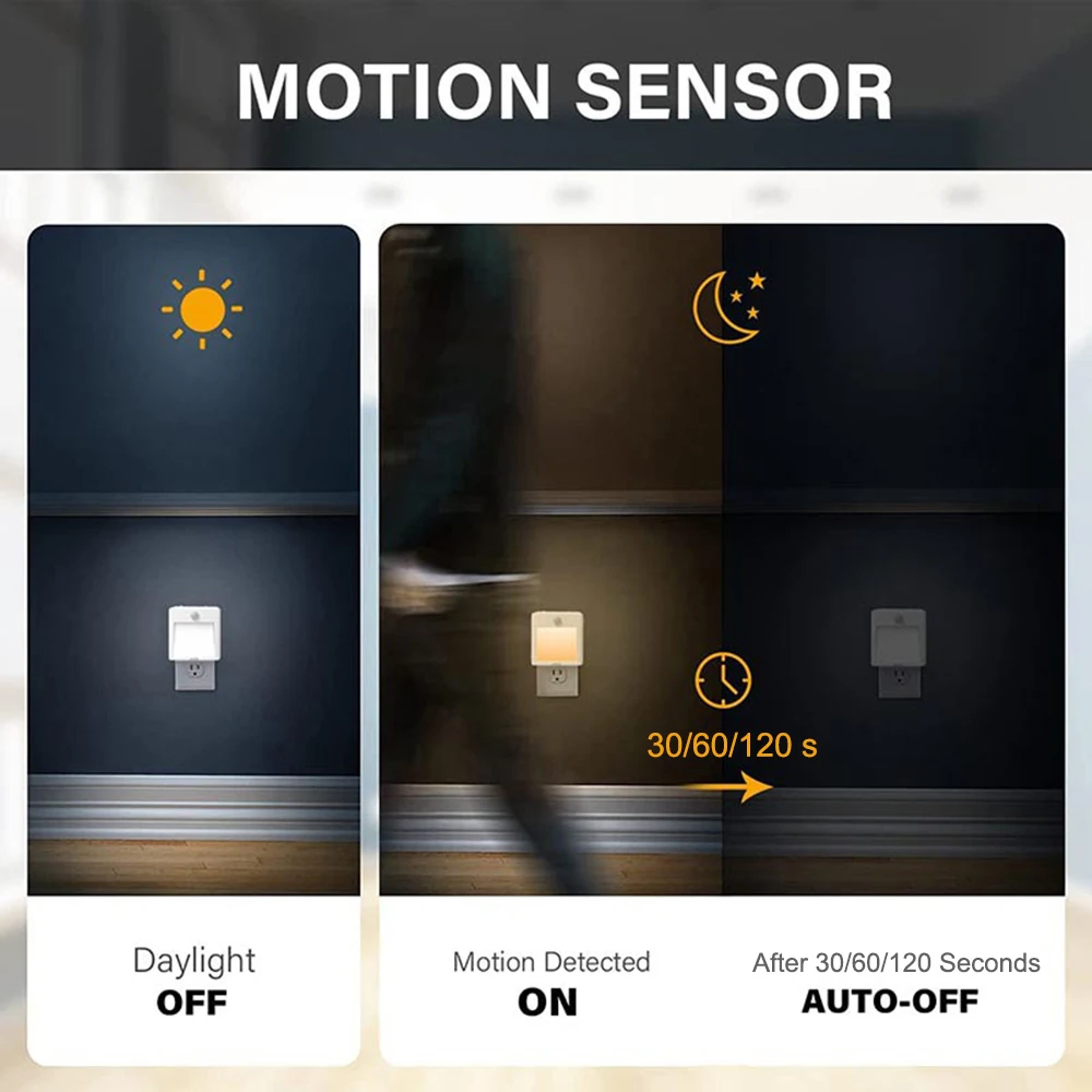 Luzes noturnas do sensor de movimento LED para crianças, lâmpada do armário sem fio, decoração regulável automática, anoitecer ao amanhecer, UE US UK Plug