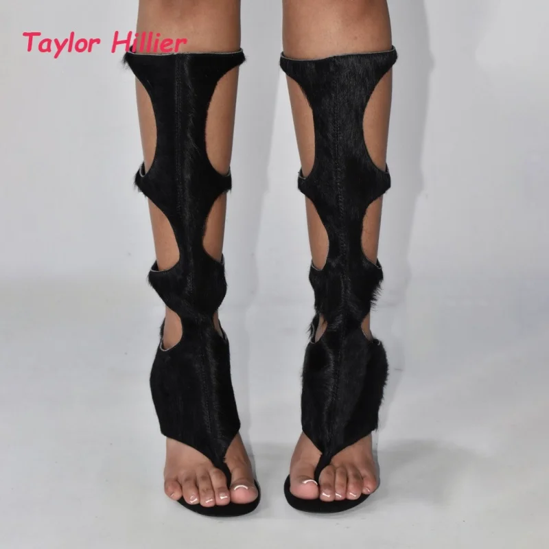 

Faux Furs Cut Out Knee High Stiletto Women's Sandal Boots Open Toe Back Zipper Sexy Party Club Runway Fashion Summer Shoes