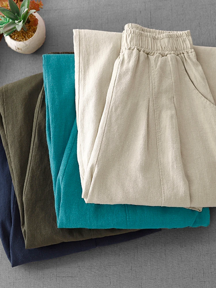 Spodnie lniano-bawełniane typu lantern dla kobiet, wiosna-jesień, japoński styl retro, proste, z elastyczną talią, wyszczuplające, codzienne, lniane, Hara...