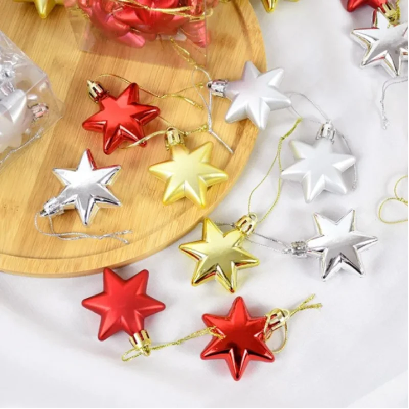 12pcs/set Star Christmas Tree Ornaments Ball 4.5cm Small Star Pendant Xmas Tree Hanging Pendant 2024 Christmas Party Decoration