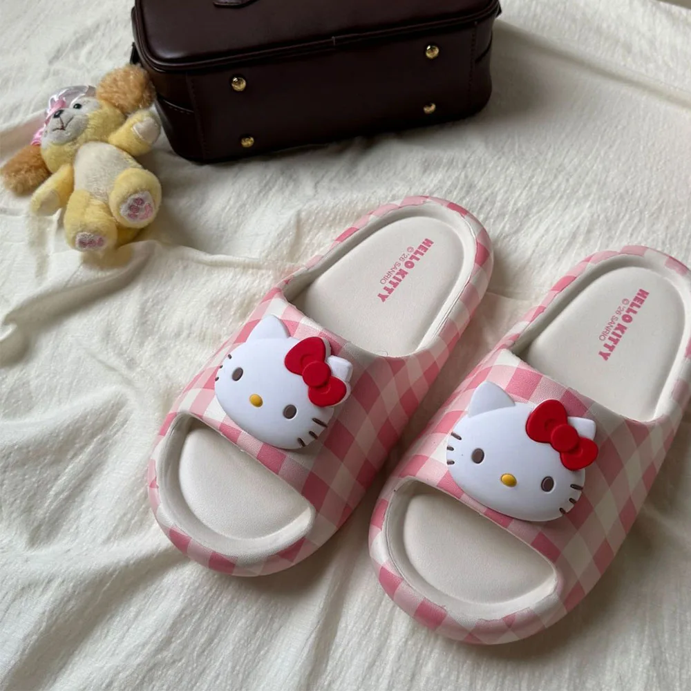 

Summer Hello Kitty Slippers for Girls Pink Plaid 3D Cartoon Eva Slides, Thick Sole Non-Slip Indoor/outdoor Casual Beach Sandals