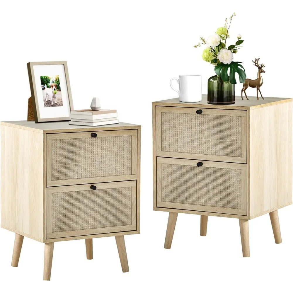 

Rattan Nightstand Set of 2, End Table Rattan Bedside Table Side Table with 2 Hand Made Rattan Decorated Drawers Wood Accent Desk