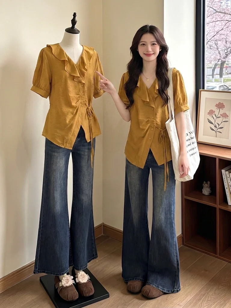 

Women's V-neck Short Sleeve Shirt Belted Waist Tie-Detail Pumpkin Orange Hem Summer New Style plus Size Korean Style Loose Fit