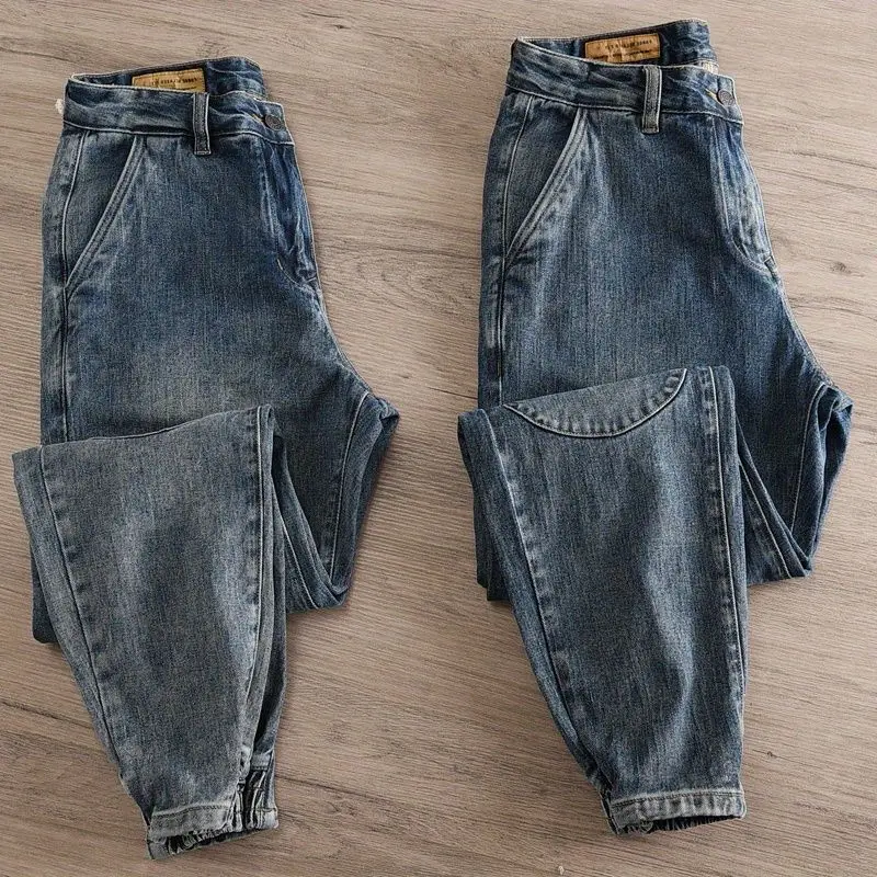 Trendy Brand 2026 Retro Patch Jeans Men's Popular Old Spring Autumn Tied Feet Men's Jeans for Men Denim Clothing Cargo Pants Men