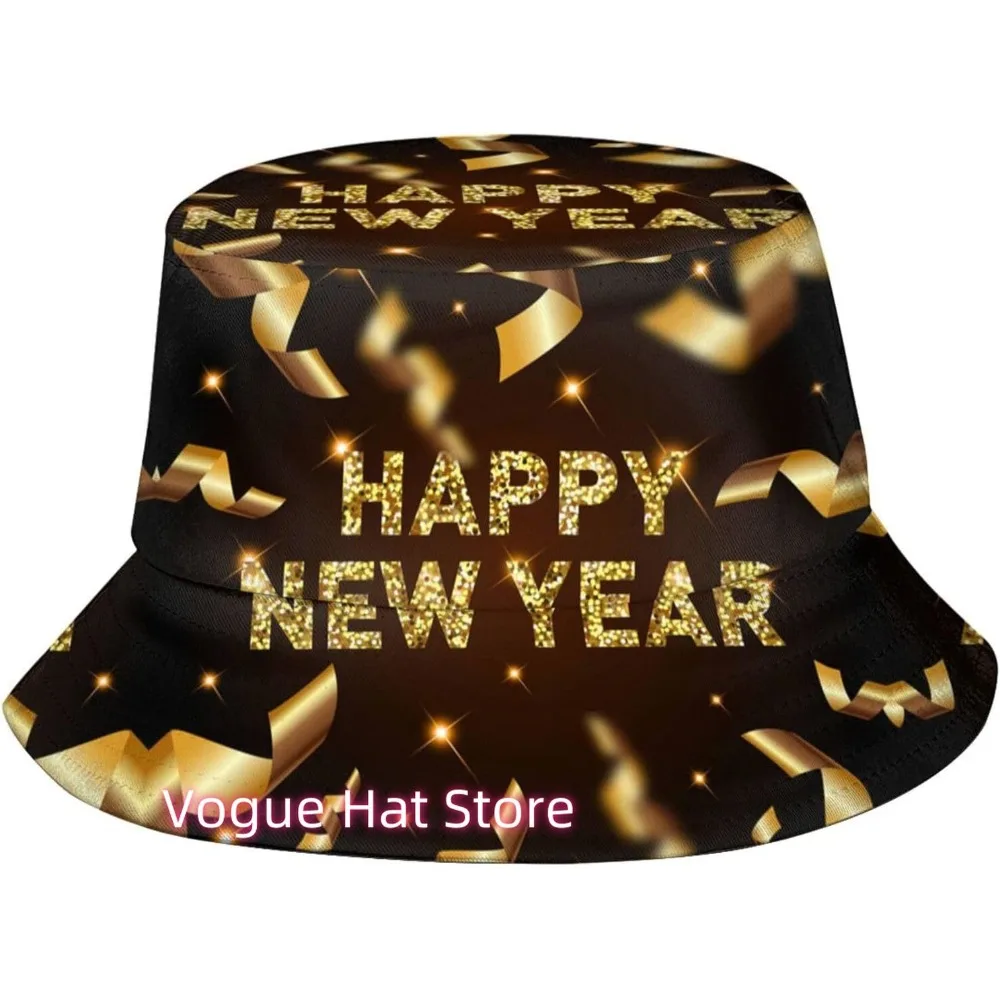 

Happy New Year Bucket Hats Fashion Sun Cap Packable Outdoor New Year Xmas Fisherman Hat for Women and Men