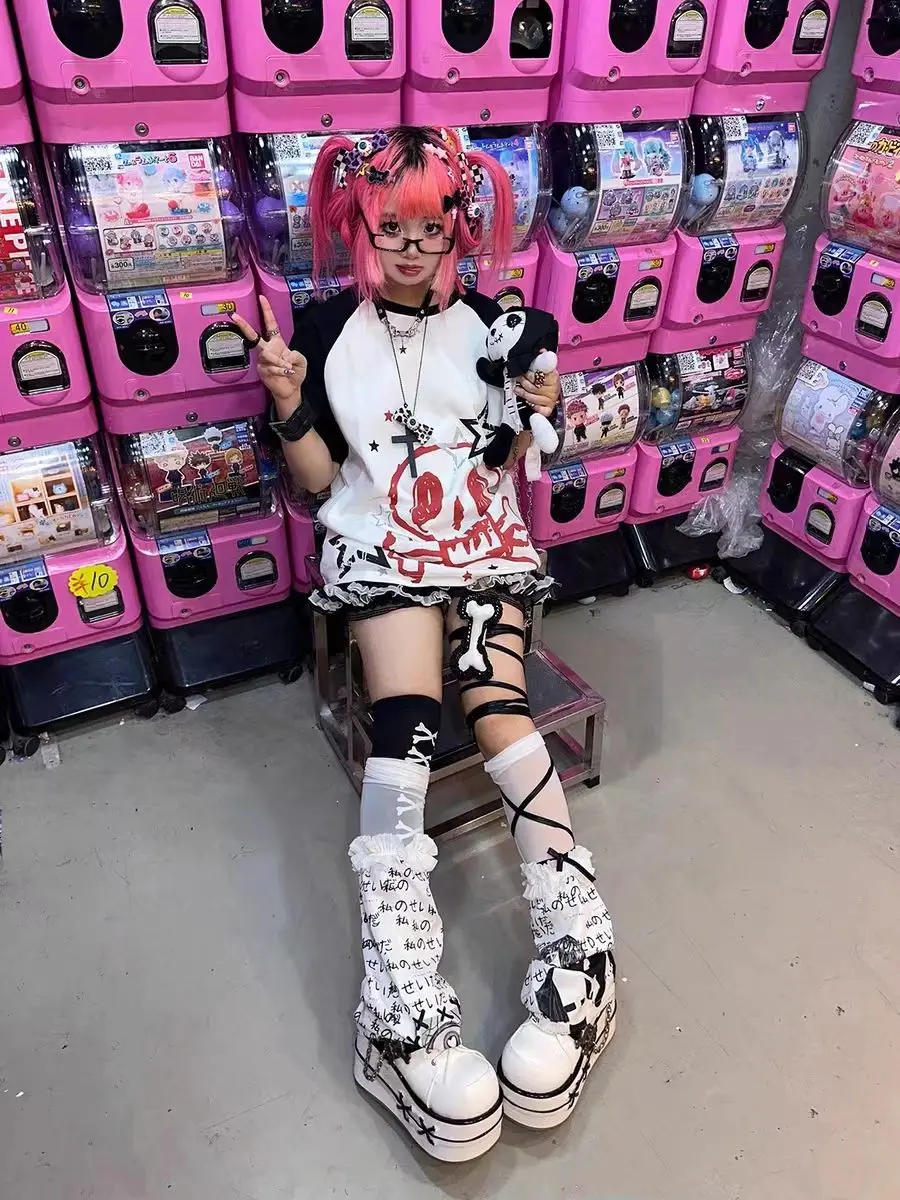 Camiseta de manga corta empalmada de estilo japonés 2k, novedad de verano, top estampado a la moda para mujer