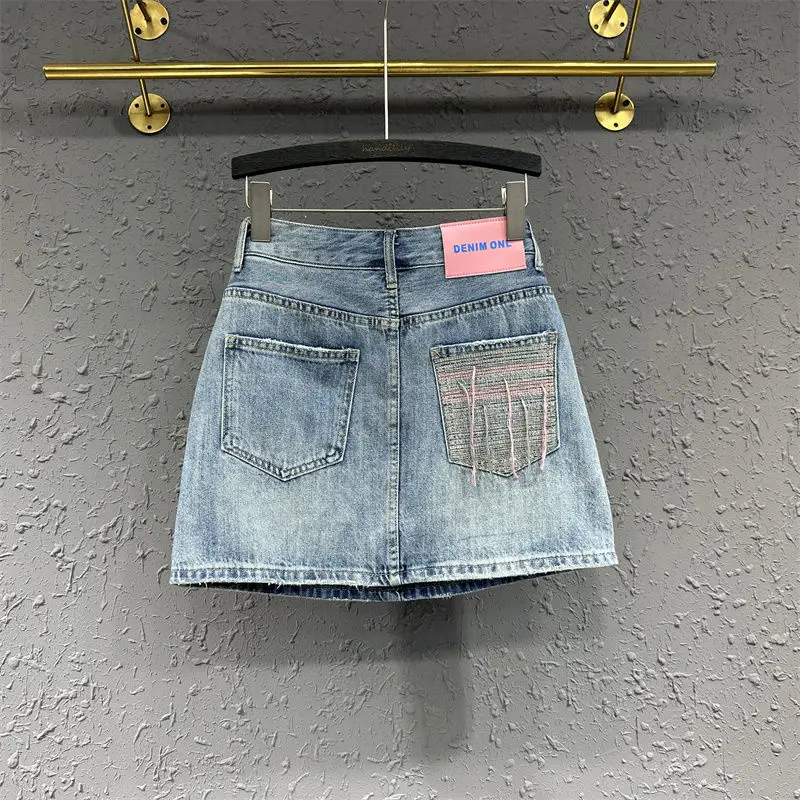 Personalized Pocket Tassels Design Denim Skirt Women\'s 2023 Summer New High Waist Slim A-line Wrap Hip Short Skirt q639