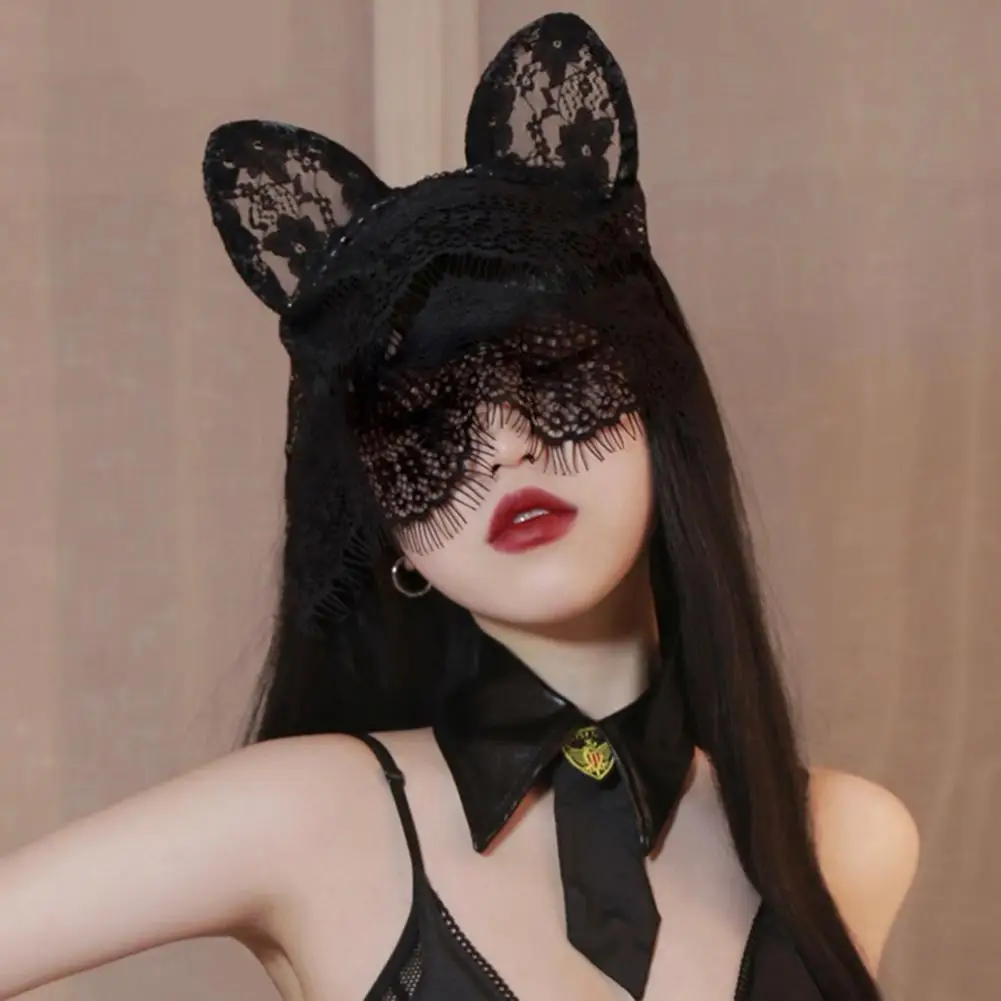 Halloween Eyewear Lace Mask Hair Hoop Sexy Thin Veils Cat Ear See-through Headband Christmas Party Women Face Mask