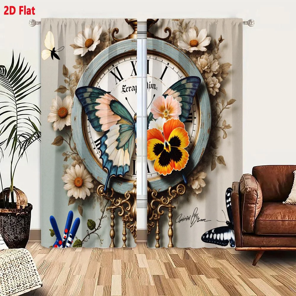 2Pcs Curtains 2D Flat Vintage Style Decorative Clock With Light Blue Frame Ornate Gold Filigree Butterfly Floral Motif Serapion