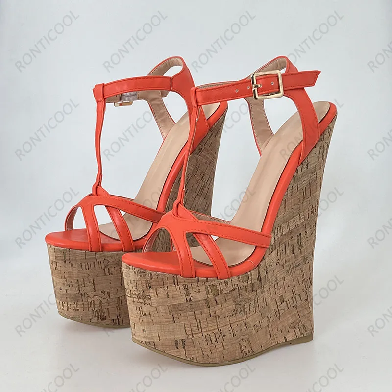 Ronticool Handmade Women T-strap Sandals Ultra High Wedges Heels Round Toe Classics Black Dress Shoes Ladies US Plus Size 5-15