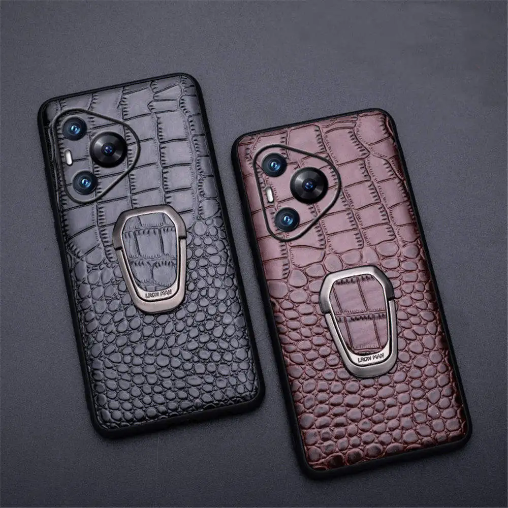 Genuine Cowhide Leather Crocodile Case For Huawei Pura 70 Pro Ultra P60 P50 P40 P30 Ring Bracket Cover