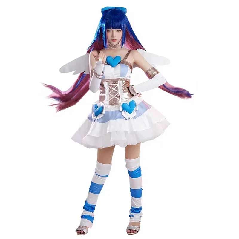 Anime Panty & Stocking with Garterbelt Heroine Anarchy Stocking Angel Dress Long Wig Cosplay Costume Halloween Party Uniform