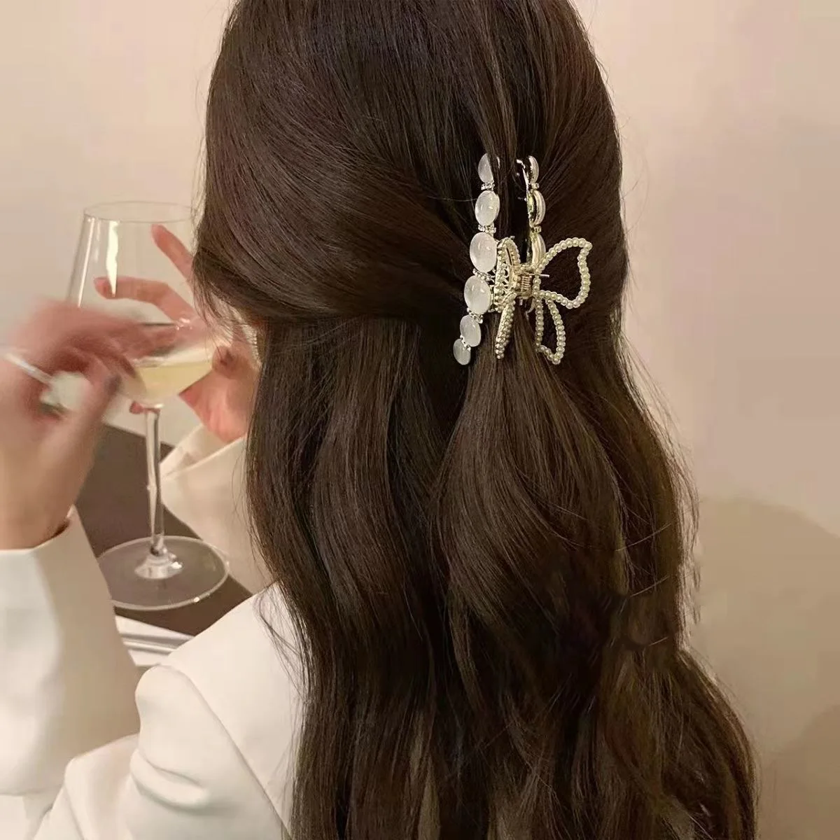 Korean light luxury tiger eye stone bow clip high-end design back of the head hair shark clip fashionable all-match headdress