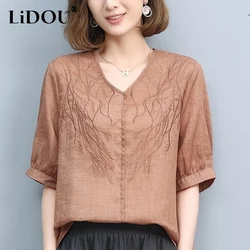 Summer New Cotton Linen Embroidery Loose Casual Pullover Top Women Solid Color Fashion Oversized Shirt Ladies Comfortable Shirt