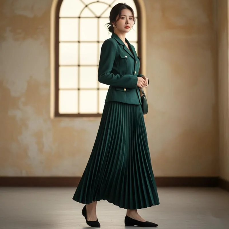 Elegant Women's 2 Piece Set Long Sleeve Blazer Jacket With Pleated Maxi Skirt Fashion Solid Outfit For Autumn Winter Office Wear