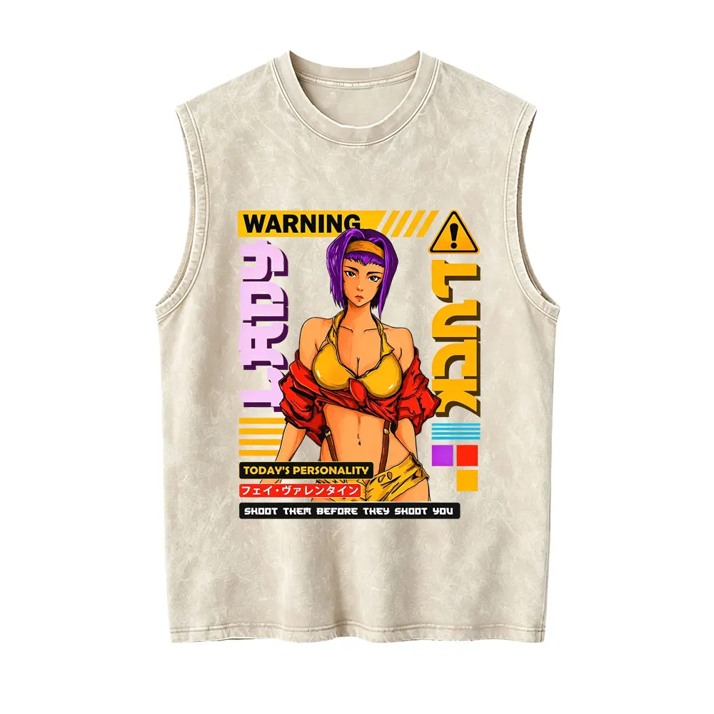 Anime Cowboy Bebop Faye Valentine Spike Spiegel Oh Well Whatever Happens Happens Vintage Washed Tank Tops Men Casual T-shirts