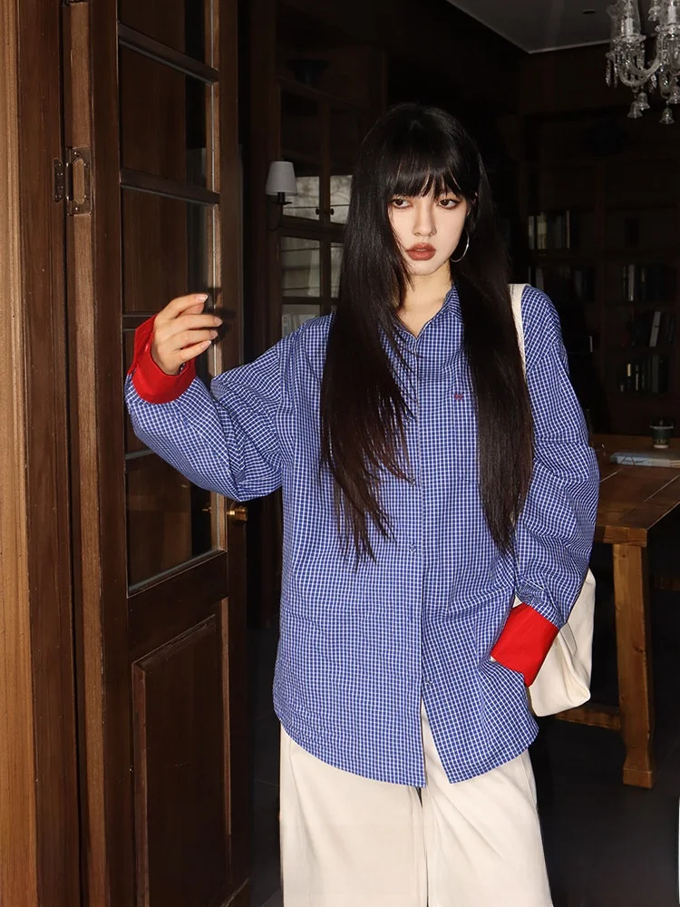 

Retro Color Blo Plaid Long Sve irt Women's Loose Fit Casual Sle Spring Autumn Outerwear Top Breathable Cotton Material