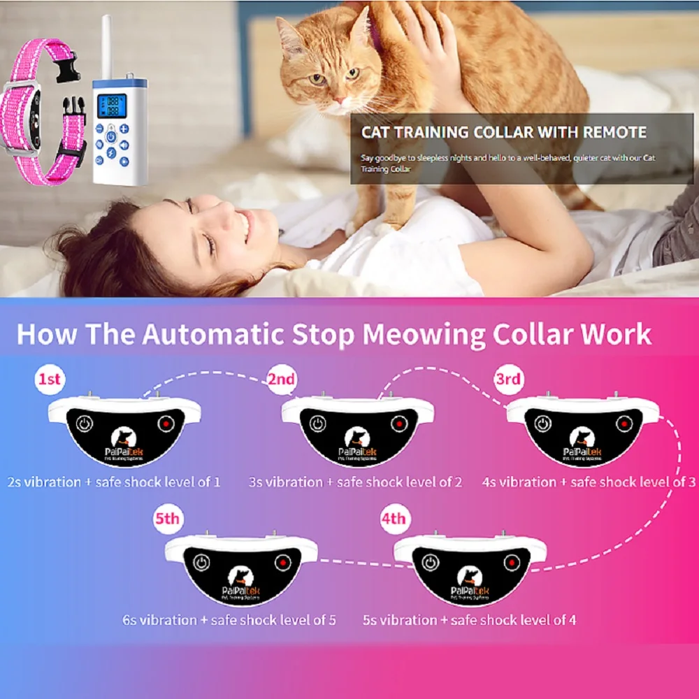 PaiPaitek Cat Training Collar with Remote ,Cat Shock Collar,Cat Stop Meowing Collar,Remote Training/Automatic Anti-Meow for Cats