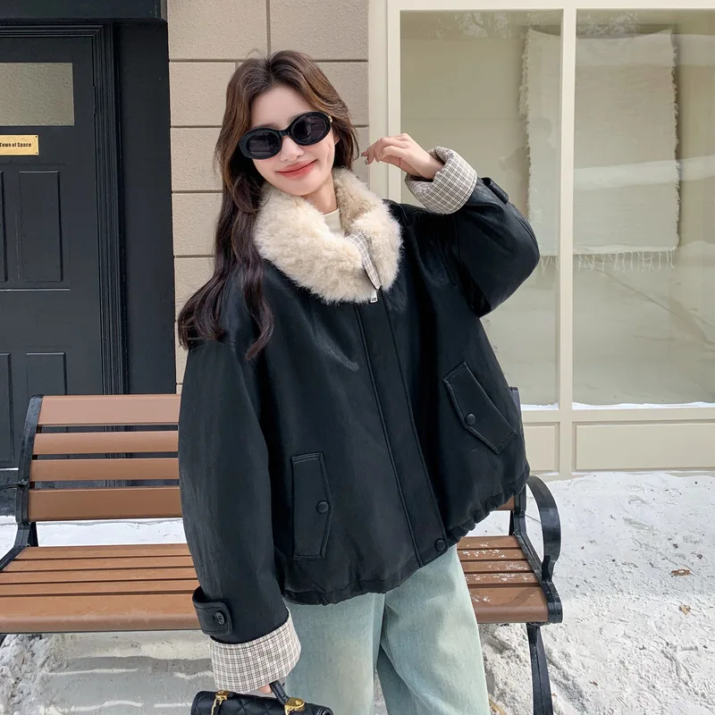 Furs femmes agneau polaire Patchwork blanc canard vers le bas doublé en cuir nouveaux vêtements d'extérieur veste en cuir PU hiver épaissi chaud vers le bas manteau
