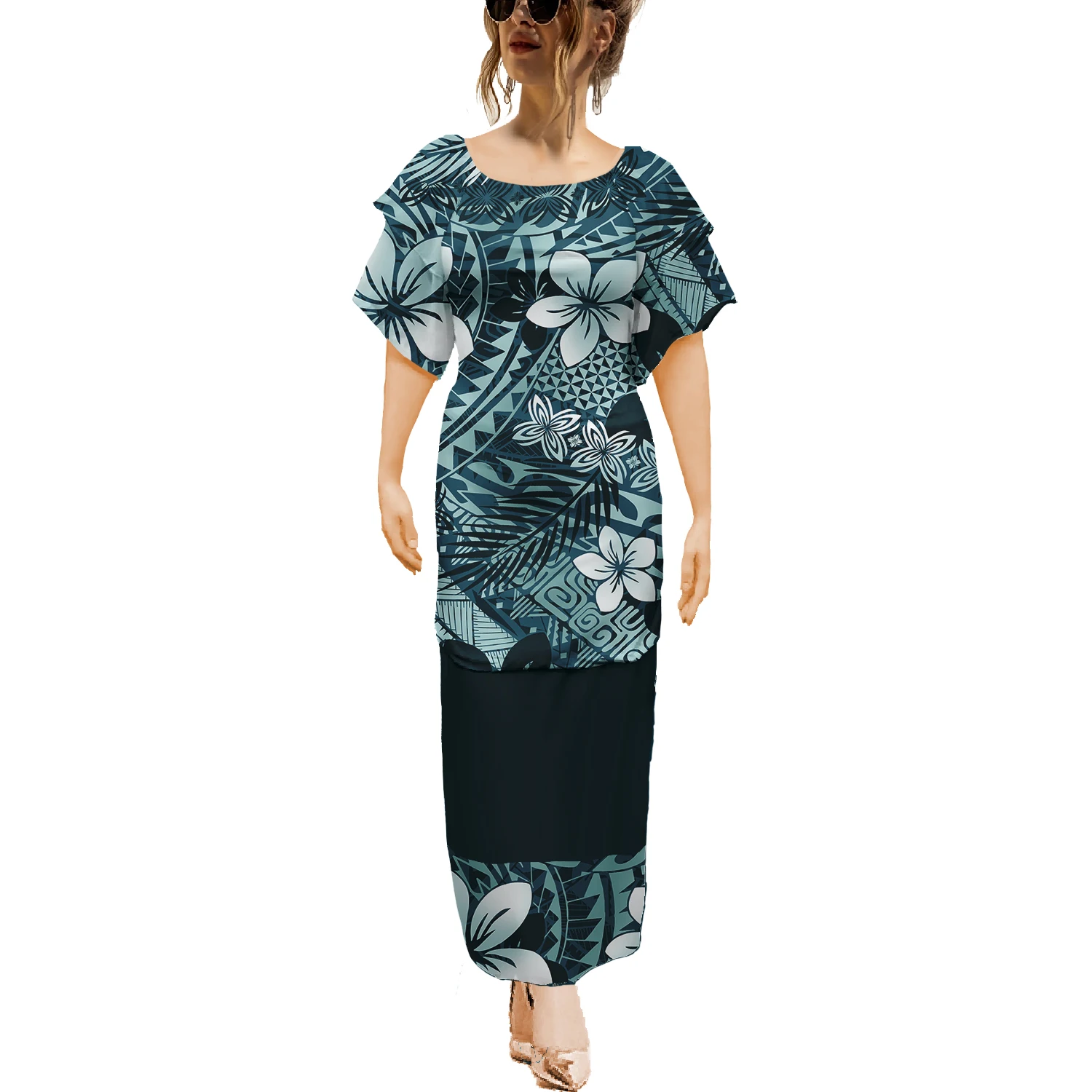 Tribal Hawaiian Samoan Two-piece Set Puletasi Elegant Dresses Island Short Sleeve Dress Polynesia Print On Demand