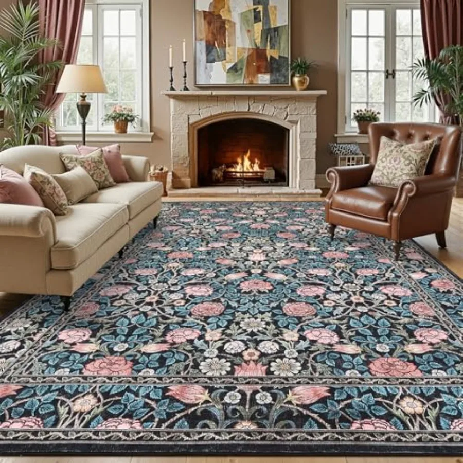 

Living Room Boho Retro Rug: Indigo Blue and Pink Vintage Floral Washable 8x10 Area Rug, Low Pile, Stain Resistant, Non-Slip for