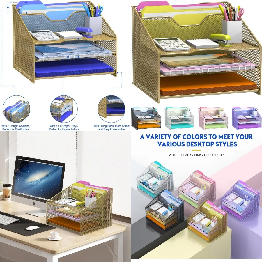 Gold Desk File Organizer with Mesh Letter File Folder Holder 3 Paper Trays and 2 Vertical Upright Sections for Efficient Office