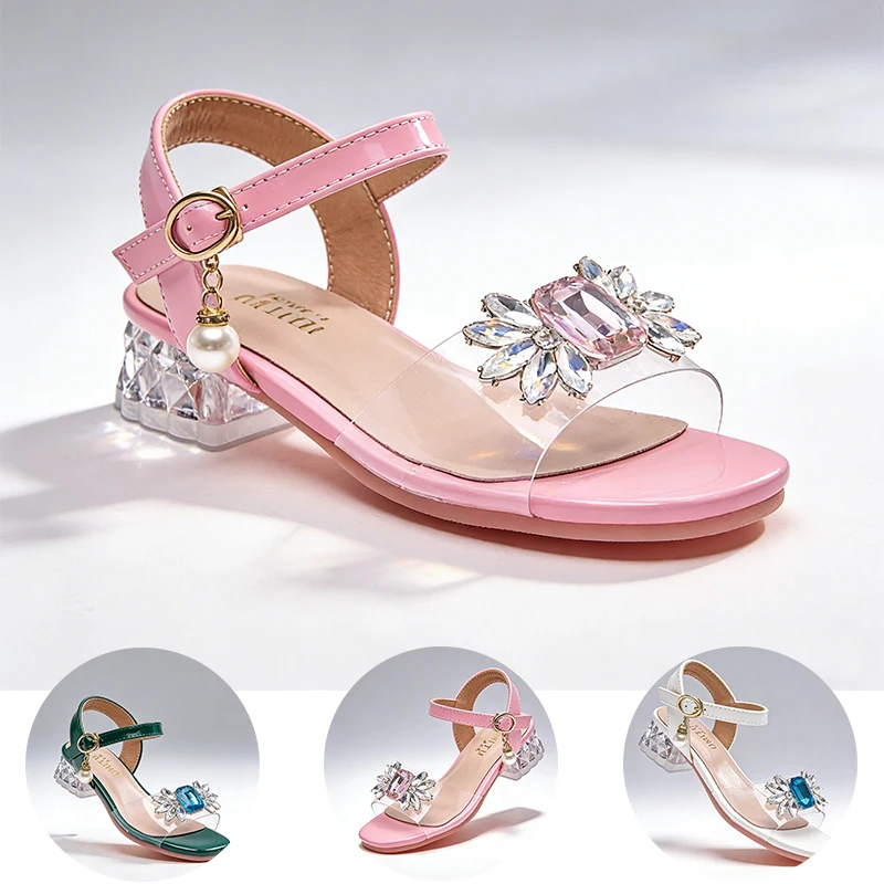 

Princess Style Fairy Girls Open Toe Crystal Sandals Elegant Party Pageant Kids Birthday Gift School Event Children's Heels Shoes
