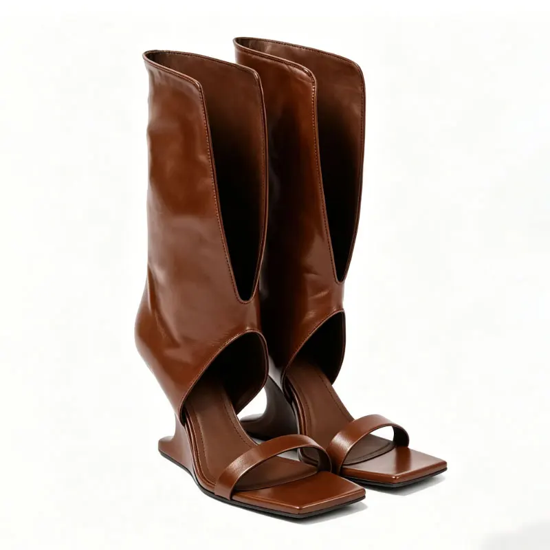 

Summer Boots Walking Show High Heel Open Toe PU Cool Boots Spring Autumn New Women Square Head Bow Decoration