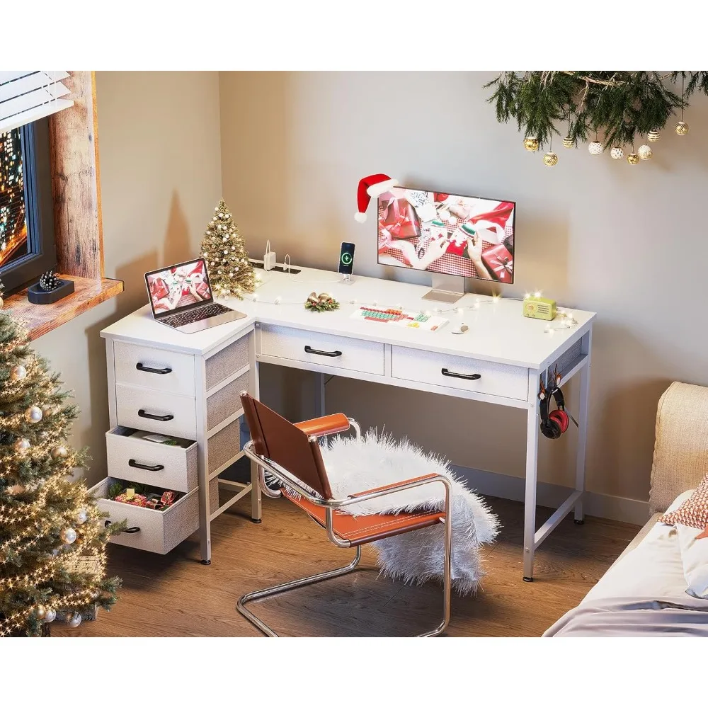 Mesa em forma de L de 42 polegadas com gavetas, mesa de computador com tomadas elétricas, mesa de escritório doméstico com 6 gavetas