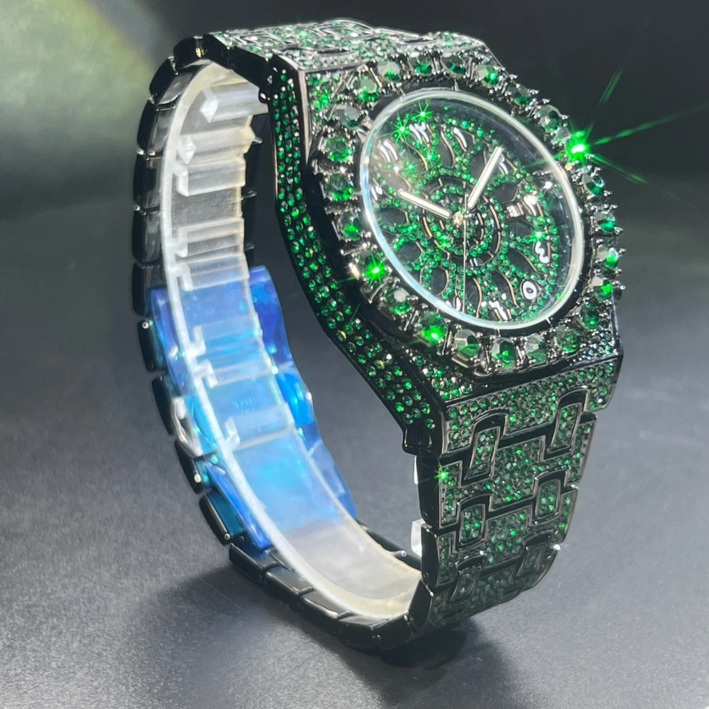 MISSFOX Fashion Green Watch For Mens Luxury Iced Out Quartz Watch Mans Hip Hop Square Diamond Jewelry Wristwatch Christmas Gift